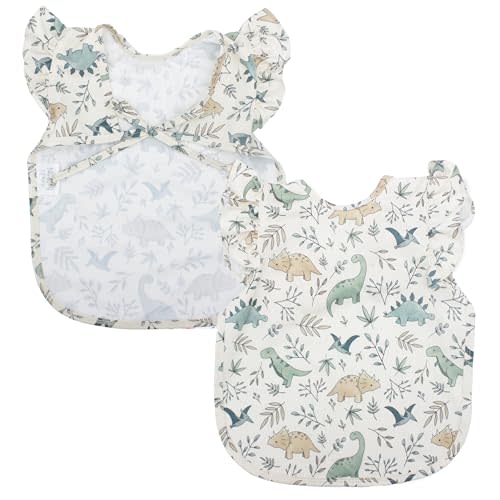 BapronBaby Flutter Foliage Dinos Bapron - No Neck Tie Safer Bib for Baby & Toddler - Soft Waterproof Stain Resistant - Machine Washable - Sz Baby/Toddler 6m-3T