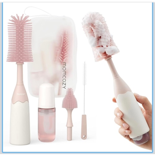 Momcozy Bottle Brush Kit, Innovative Push-Press Design for Better Cleaning - Baby Bottle Cleaner Brush for Baby Bottle, Breast Pumps, Nipples, and More - Can Generate Foam for Better Cleaning, Pink