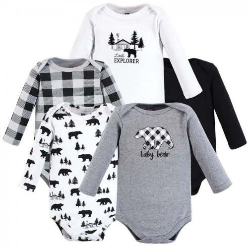Hudson Baby Infant Boy Cotton Long-Sleeve Bodysuits, Baby Bear Gray Black 5-Pack, 0-3 Months
