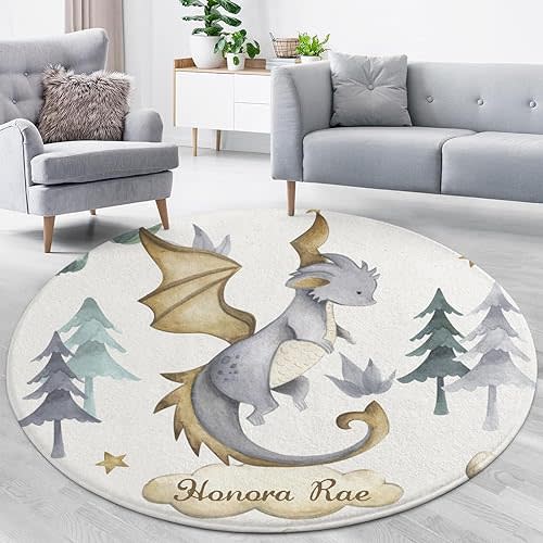 Personalized Cute Flying Baby Dragon Custom Round Area Rug Baby Crawling Floor Mats Gifts for Boys Girls Babies with Names Nursery Bedroom Living Room Decor
