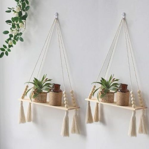Aoibox 2 Pack Wooden Wall Hanging Shelves with Tassel, Macrame Hanging Plant Shelf, Boho Storage Floating Shelves, Rustic Hanger Planter Rack