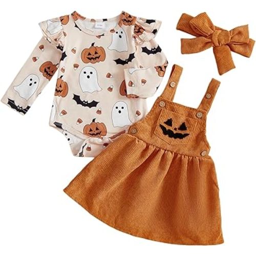 Baby Girl Halloween Outfit Newborn Pumpkin Long Sleeve Romper Overall Dress Skirt Set Cute Infant Fall Clothes