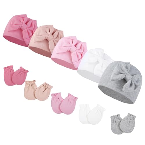 Newborn Baby Girls Hats and Mittens Sets, Infant Beanie Caps with Big Bows No Scratch Mittens,Toddler Hospital Hats Cotton Gloves for Baby Girls 0-6 Months