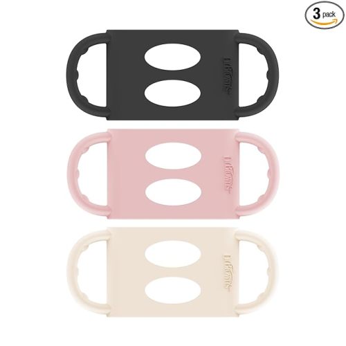 Dr. Brown’s Milestones 100% Silicone Baby Bottle Handles, Wide-Neck, Light Pink, Ecru, Black, 3 Pack, 4m+