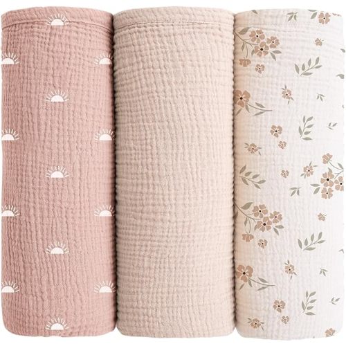 Konssy Muslin Swaddle Blankets for Baby Girls Boys, 3 Pack Receiving Blanket Large 47 x 47 inches, Soft Breathable Muslin Baby Blanket for Unisex Newborn (Peach Blossom Sun)