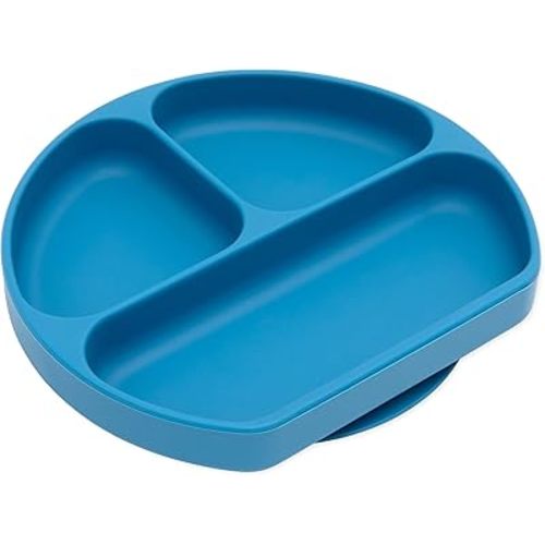 Bumkins Toddler and Baby Suction Plate, Divided Grip Dish for Babies and Kids, Baby Led Weaning, Feeding Supplies, Sticks to Tables and Highchairs, Platinum Silicone, for Children 6 Months, Dark Blue