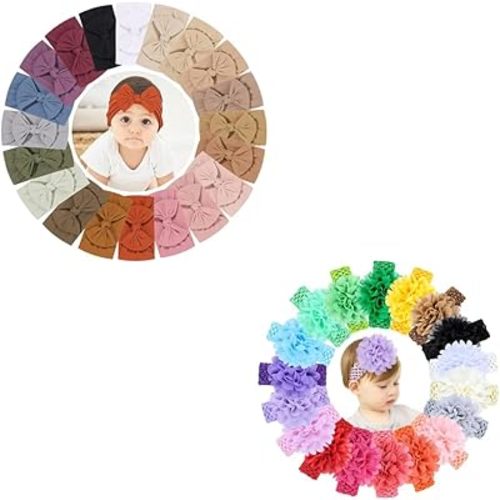 jollybows 20pcs Baby Nylon Headbands With Bow Elastic Hairband+18pcs Baby Girls Headband Chiffon Flower Soft Stretchy Hair Band Hair Accessories for Baby Girls Newborns Infants Toddlers and Kids