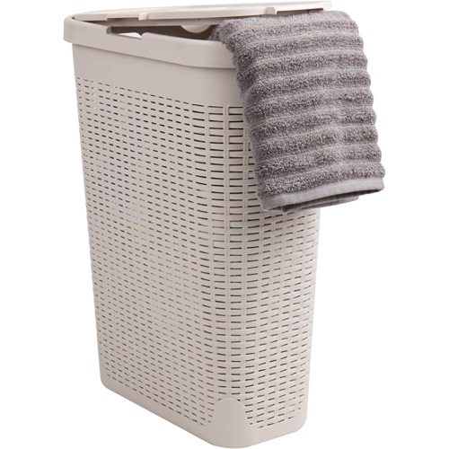 Mind Reader Slim Laundry Hamper with Lid, 40L Clothes Basket, Premium Wicker Design, Plastic, Ivory