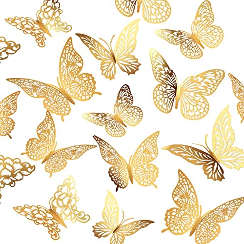 3D Gold Butterfly Wall Decor 3 Sizes 4 Styles Butterfly Party Decorations Cake Decorations Removable Stickers Wall Decor Room Mural Metallic Kids (Gold, 48Pcs)