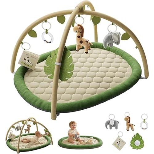 Baby Play Mat, Tummy Time Mat with 5 Detachable Toys, Washable Baby Play Gym for Visual, Hearing, Sensory, Motor Development, Activity Mat for Babies 0-18 Months