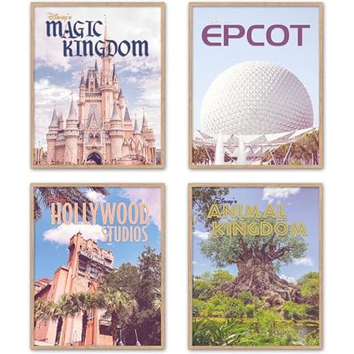 Set of 4 Vintage Disney Parks Posters – Magic Kingdom, EPCOT, Hollywood Studios, Animal Kingdom –Unframed - Retro Wall Art Prints Disney Home Decor, 8x10 Inches