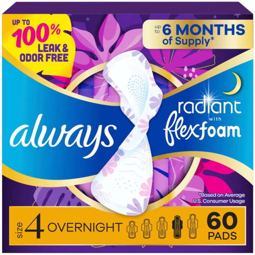Always Radiant with FlexFoam Pads, Size 4, Overnight, with Wings, Light Clean Scent, 60 CT