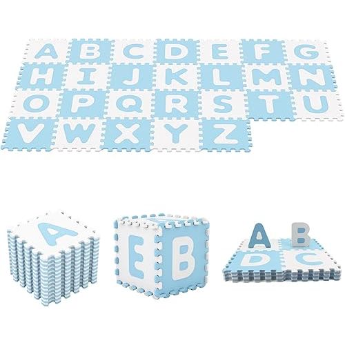 HONEY JOY Foam Floor Tiles for Kids, 12.5” x 12.5” EVA 26-Piece Interlocking Alphabet Puzzle Play Mat, Non-Slip Large Soft Carpet Rug, Easy to Clean, for Baby Crawling Exercise, Playroom (Blue)