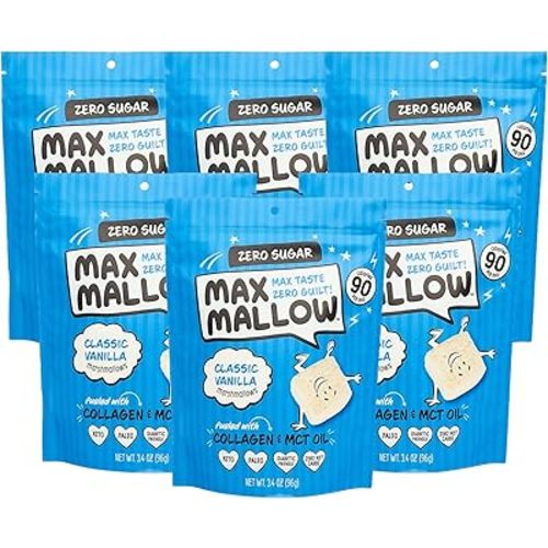 Max Mallow Sugar Free Marshmallows - Keto Friendly, Perfect for S'mores, Hot Chocolate, and Baking with Zero Sugar Snacks, Smores Mct Oil Zero Sugar Marshmellow Marshmallow Classic Vanilla, 6 Pack