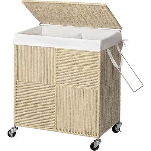 WOWLIVE Double Laundry Hamper with Lid, Handwoven Rolling Laundry Basket with Wheels, 115L Dirty Clothes Hamper with Removable Liner Bag Large Laundry Sorter Laundry Room Organization,Light Beige