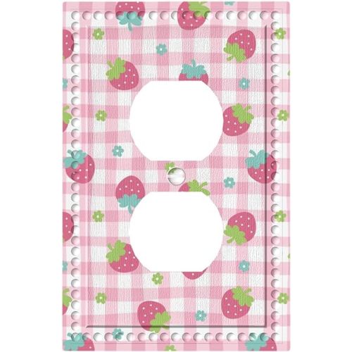 Strawberry Outlet Covers Strawberry on Pink Plaid Farmhouse 1-Gang Wall Plate Switch Plug Cover Duplex Home Decor for Men Women Boys Girls