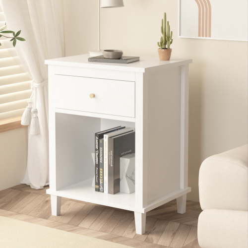 Peispie Wooden Nightstand with One Drawer and Open Shelf for Kids & Adults, Modern Side Table. Comfy End Table with Storage for Bedroom, Nursery, White