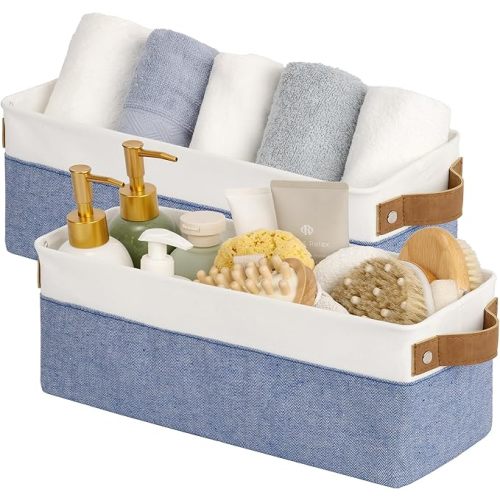 StorageWorks Narrow Storage Bins, Small Basket for Closet and Shelves, Fabric Organizer with Handles, Toilet Paper Storage, Blue and White, 2-Pack