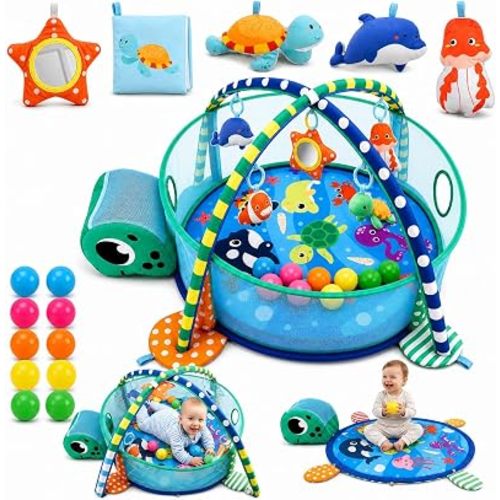 TOY Life 2-in-1 Turtle Baby Play Gym & Ball Pit, Newborn Activity Mat