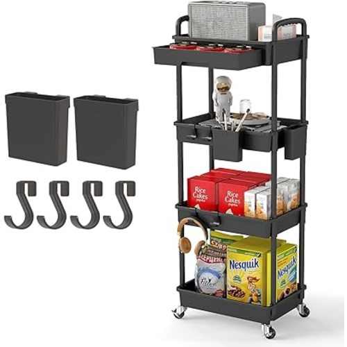 4 Tier Rolling Utility Cart with Drawer,REBECAT Utility Cart Made of Multifunctional Storage Organizer Tool for Kitchen,Bathroom,Living Room,Office(Black)