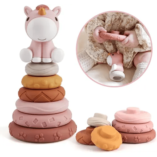 Nueplay 7 Pcs Stacking & Nesting Baby Toys, Squeeze Teething Baby Toys and Building Circle with Pink Horse Figure, Newborn Essentials for 6 12 18 Months Baby Toddler Girls