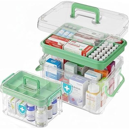 ANYPROLUS 2 Pack Clear Medicine Organizer Box with Handle, Plastic Medicine Container with Tray First Aid Box Empty, Thickened Medicine Storage Organizer Multipurpose Medication Organizer Storage