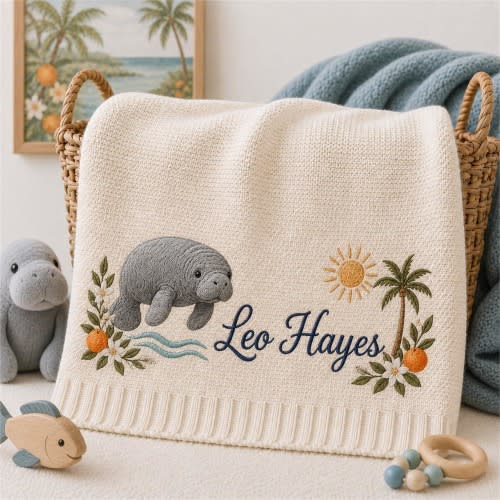 Personalized Embroidered Manatee Baby Blanket, Florida Coastal Nursery Gift