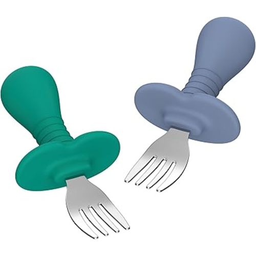 Baby Forks Toddler Forks for Self Feeding, Kids Forks with Silicone Round Handle, Stainless Steel Toddler Utensils Children Safe Silverware Set, Anti-Choke Design, BPA Free - Green Blue