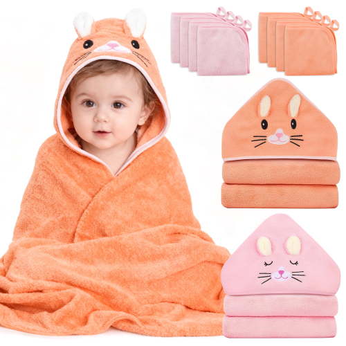 10 PCS Baby Towels, 2 PCS Soft Hooded Baby Towels & 8 PCS Washcloths, Baby Bath Towels for Newborns, Infants & Toddlers- Ultra Absorbent, Cute Baby Towel Gift for Girls