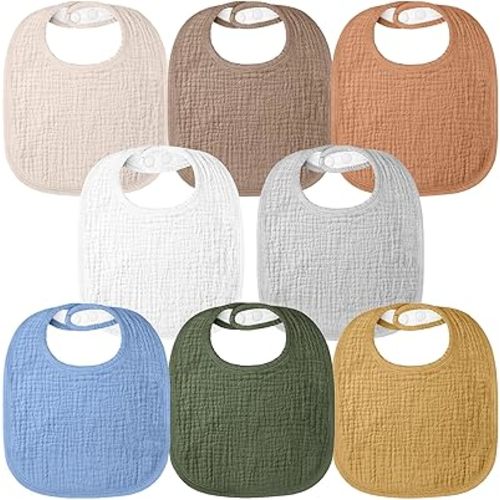 Bearmoss Baby Bibs for Drooling and teething 100% Cotton Muslin Bibs for Baby Boy & Girl,Adjustable, Ultra Absorbent,8 Pack