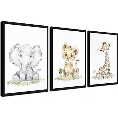 Safari Nursery Wall Art Set of 3, Cute Animal Kids Baby Room Decor Paintings, Jungle Giraffe Elephant Canvas Prints Pictures for Boys and Girls Bedroom Decor 12x16 Inch Wood Framed