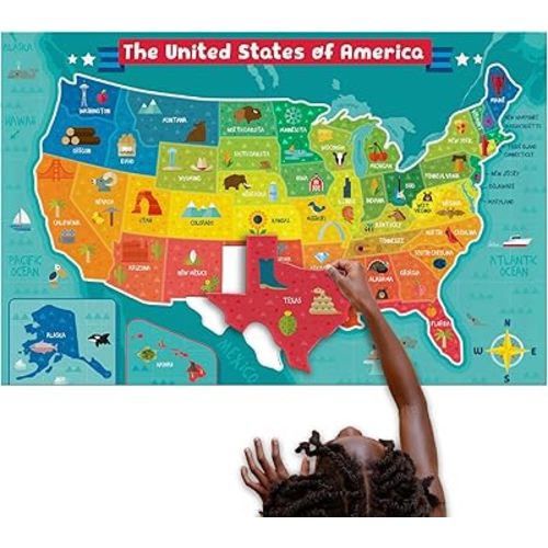 Chuckle & Roar USA Map Floor Puzzle - 3' x 2', 50 States - Geography Learning & Educational Toys - Engaging Screen-Free Play & Puzzles for Kids - Portable Classroom & Travel Floor Games