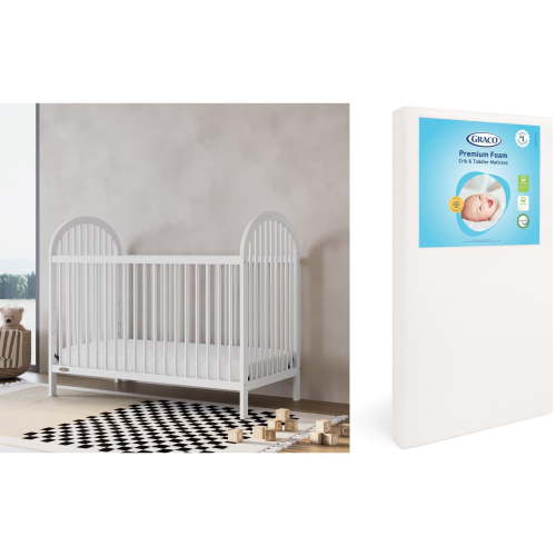 Graco Olivia 3-in-1 Convertible Crib and Premium Crib & Toddler Mattress Bundle, White