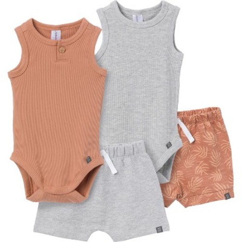 Modern Moments™ by Gerber Baby Boys' 4-Piece Bodysuit and Short Set, Brown/Med Grey Heather, 0-3 Months