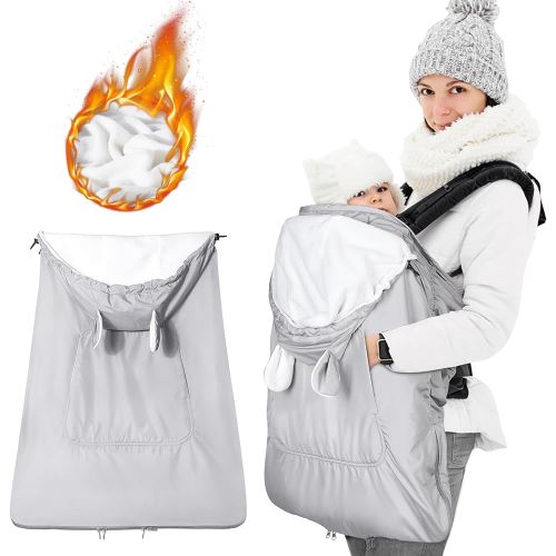 Orzbow Baby Winter Carrier Cover with Detachable Hood, Waterproof & Windproof, with Big Pockets, Universal Fit for Baby Carriers and Waist Stool | with Storage Bag, Light Grey Bear