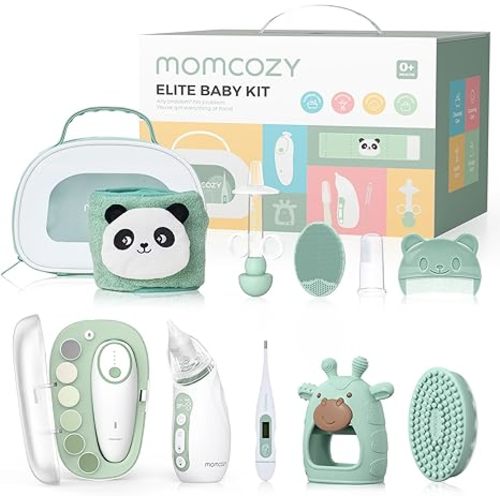 Momcozy Elite Baby Kit - Electric Nail File & Nasal Aspirator,Tummy Wrap,Thermometer,Bath Brush,Teether,Storage Bag