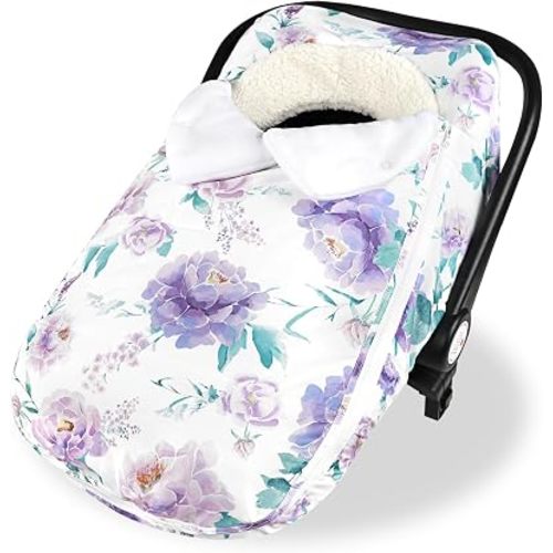 Winter Car Seat Cover For Baby Girl Boy, Super Warm Plush Fleece Baby Essential For Stroller Skip Hop Car Seat, Double Sides Zipper Winter Car Seat Canopy For Infant Purple Floral