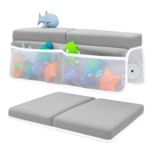 Comfortable Baby Bath Kneeler and Elbow Rest Pad Set – Thick Memory Foam Bath Kneeling Pad with Elbow Support – Baby Bathtub Cushion with Toy Organizer for Bathing Infant or Toddler - Grey