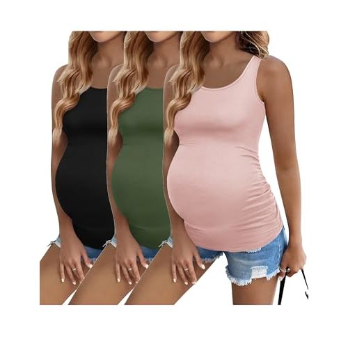 Ekouaer 3 Pack Women Maternity Tank Tops Ruch Side Basic Shirts Summer Postpartum Tops Sleeveless Pregnancy Workout Clothes