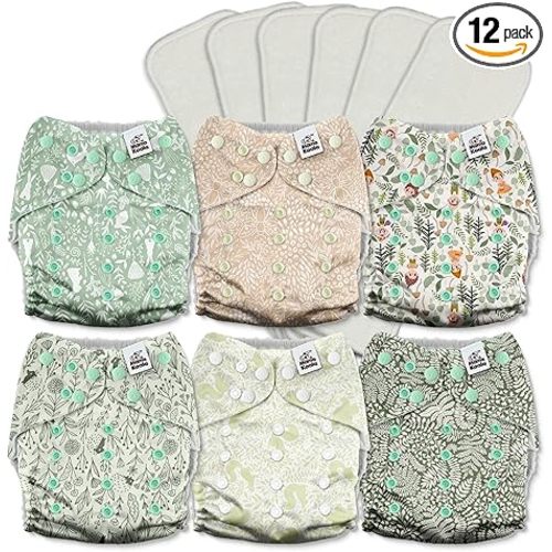 Mama Koala 3.0 Cloth Diapers for Babies with AWJ Lining, 6 Pack with 6 5-Layer Natural Cloth Diaper Inserts - Reusable and Washable Pocket Diapers(A-Spring Sprouts)