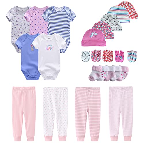 MAMIMAKA Newborn Layette Gift Set Bodysuits Pants for Baby Girl and Boy 24 Piece 100% Cotton Essentials and Accessories