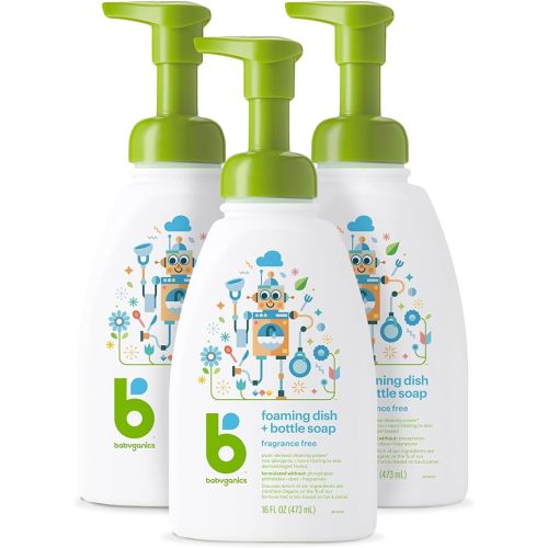 Babyganics Foaming Dish & Bottle Soap, Pump Bottle, Fragrance Free, Plant-Derived Cleaning Power, Removes Dried Milk, 16 Fl Oz, (Pack of 3), Packaging May Vary