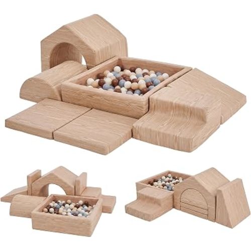 Soft Foam Climbing Blocks Set for Toddlers – 7-Piece Square Ball Pit & Play Structure with Light Wood Grain Leather, Indoor Soft Play Gym, Montessori Activity Toys for Kids(82.7"×26.8"×18.5")