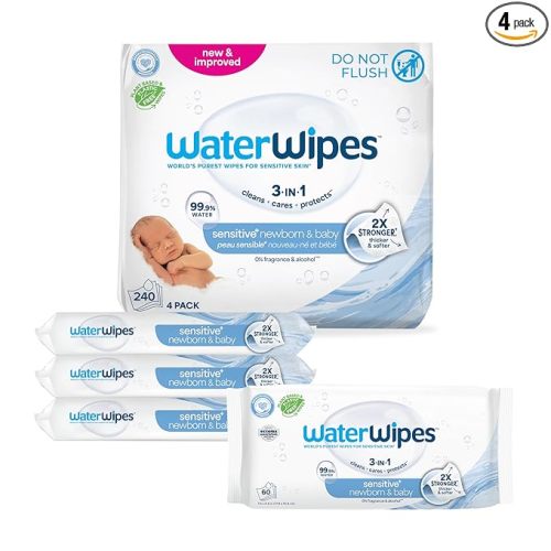 WaterWipes Sensitive+ Newborn & Baby Wipes, 3-In-1 Cleans, Cares, Protects, 99.9% Water, Unscented & Hypoallergenic, 240 Count (4 Packs)
