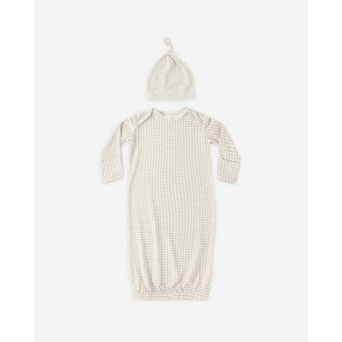 Bamboo Baby Gown + Hat Set- Oat Gingham