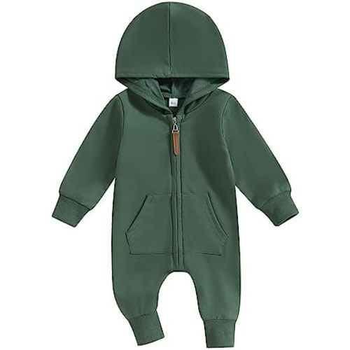 Newborn Baby Boy Girl Fall Outfit Romper Long Sleeve Hooded Solid Zipper Jumpsuit Bodysuit Infant Clothes