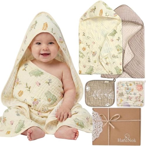 4-Piece Muslin Baby Towel Set - Made with Organic Cotton, (2) 6-Layer 32x32 Towels & (2) Washcloths, Bath, Beach & Pool Gift Set (Nature Garden & Classic Coffee)