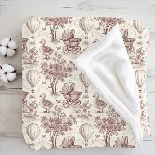 Vintage Toile Baby Blanket, Pink Duck & Stroller Print Blanket, Elegant French Nursery Decor, Baby Shower Gift, Gender Neutral Baby Blanket