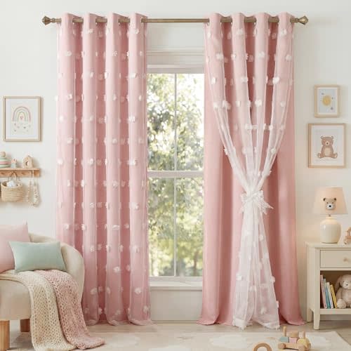 RYB HOME Pink Pom Pom Curtains for Girls Bedroom Nursery - Double Layer Sheer Tulle Overlay Room Darkening Drapes, Thermal Insulated Window Treatment with 2 Bow Tie-Backs, 2 Panels, W52 x L84