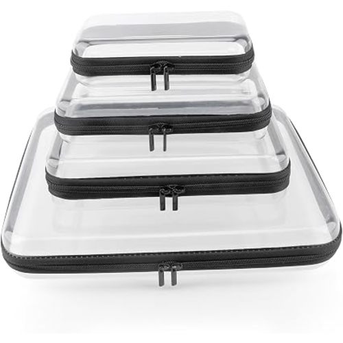Clear Hard Shell Zipper Case, Clear Zipper Pouches Waterproof Makeup Organizer & Travel Toiletry Storage Bag, Plastic Pouch for Office, Home, Black, 4Pack XL+L+M+S